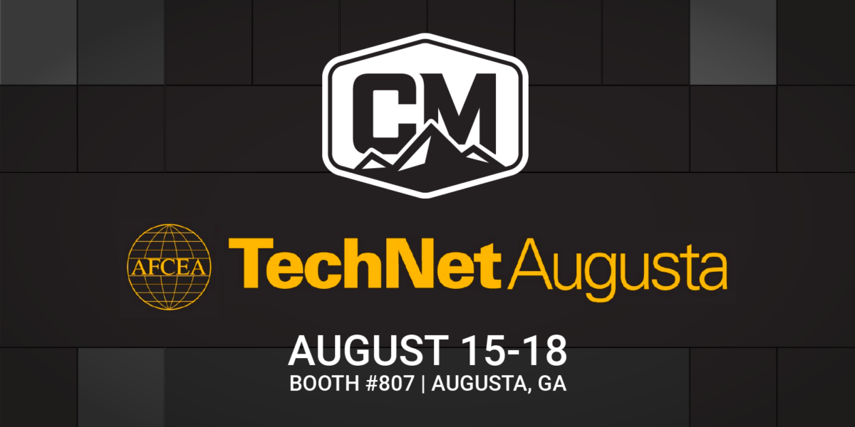 White CodeMettle Logo with orage TechNet Augusta logo on a background of various shaded gray squares with the date August 15-18, Booth #807, and Augusta Georgia listed below