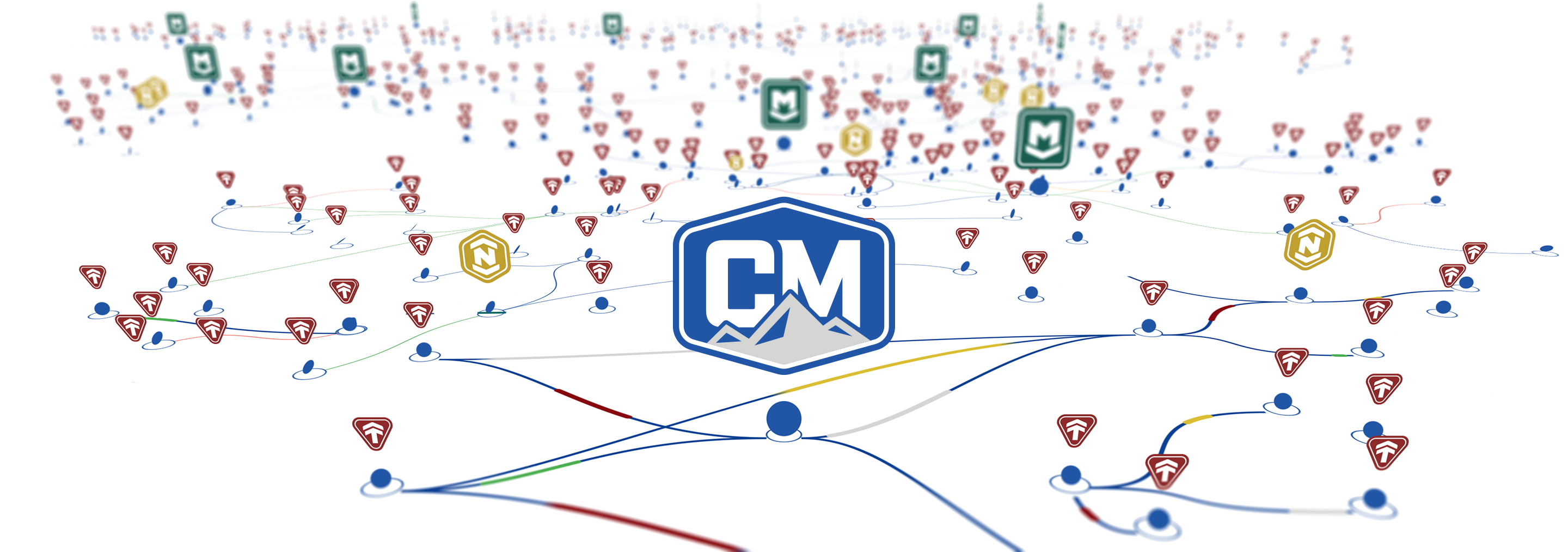A 3D landscape populated by the CodeMettle product icons all connected by blue lines, with the CodeMettle logo in the center