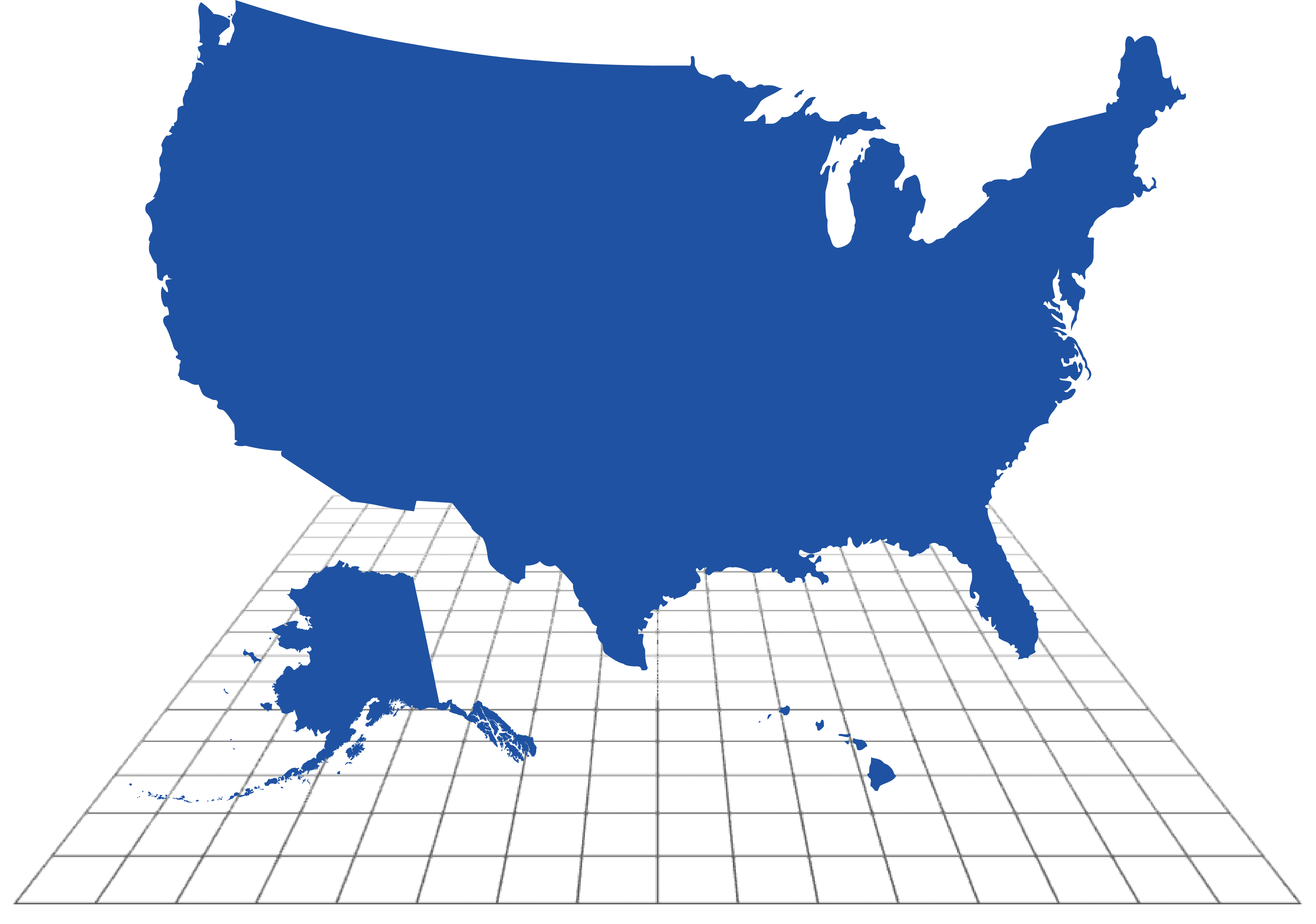 Blue silhouette of the United States floating over an angled grid.